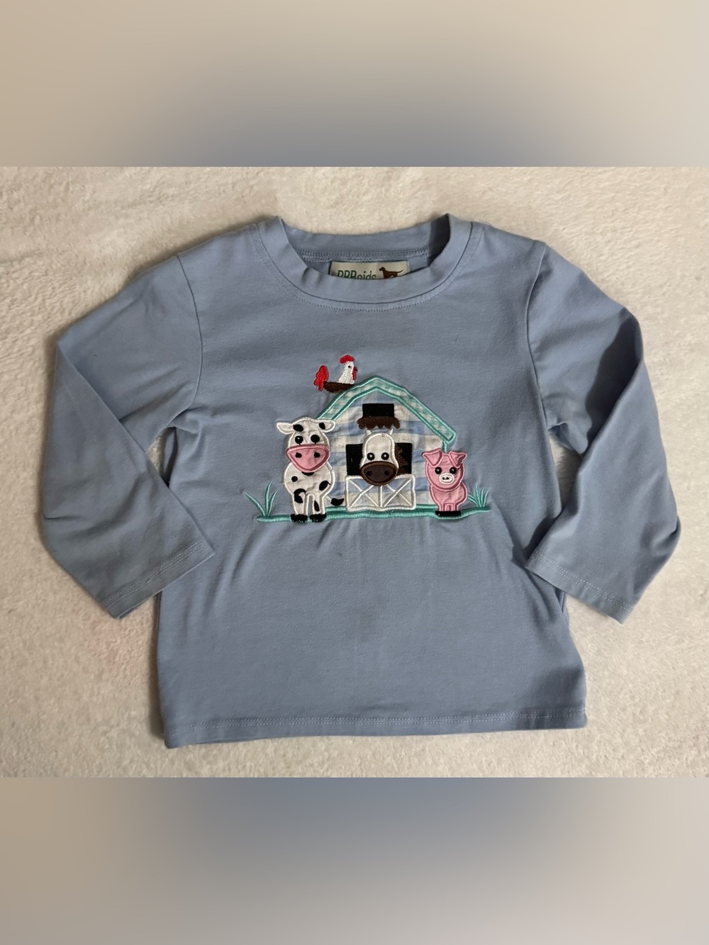 Light Blue Long-Sleeve Kids Tee with Farm Animal Appliqués